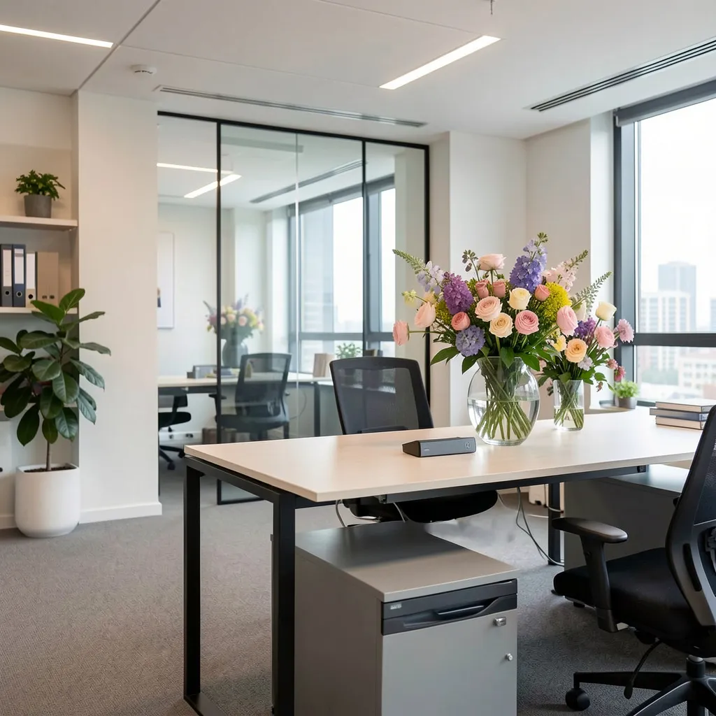 Modern kantoor met bloemstukken